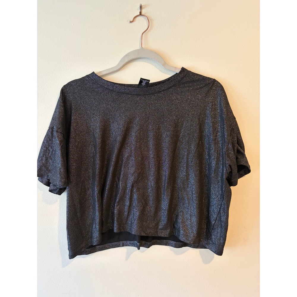 Victoria Sport Womens Black Sparkle Crop Top Athletic Short Sleeve Shirt Large
